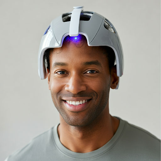 Laser therapy helmet in use