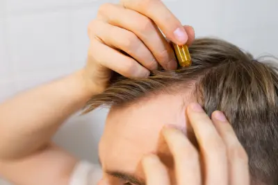 A man applies a topical medication to prevent hair thinning